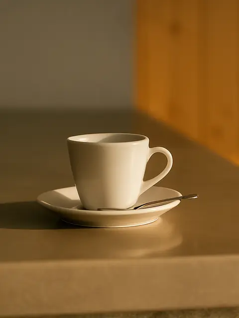 Une tasse de café sur sa soucoupe, posée au bord du comptoir en pierre