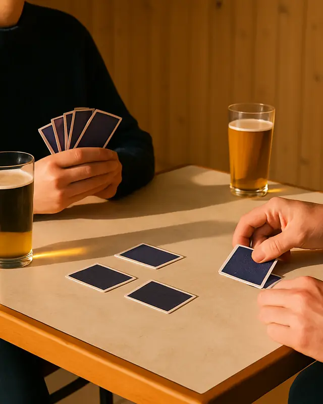 Une partie de cartes sur une table en bois, deux demis entre les joueurs