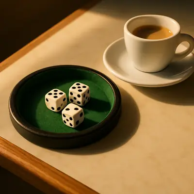 Trois dés sur un tapis vert à côté d'un café