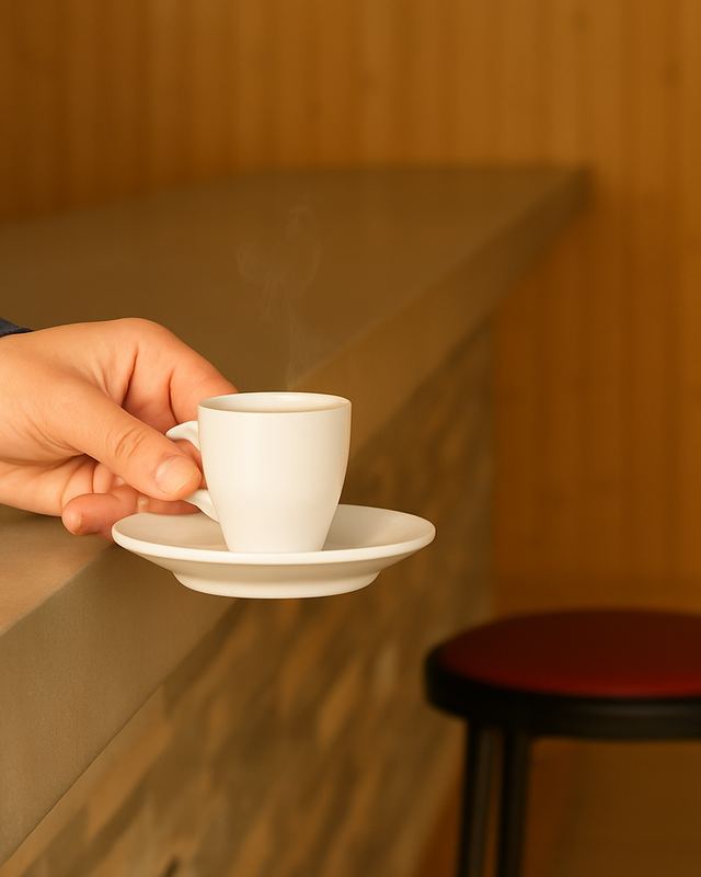 8 h, un café posé sur le comptoir