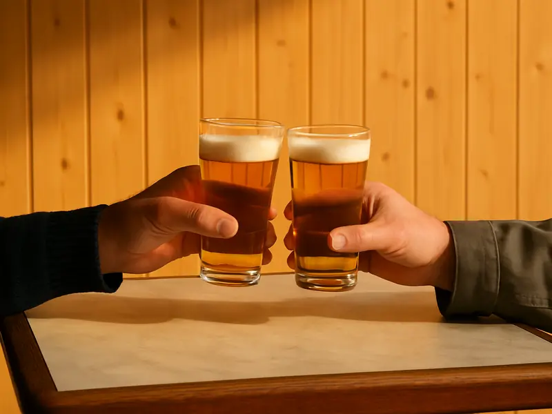Deux demis qui trinquent au-dessus d'une table, devant le lambris de pin