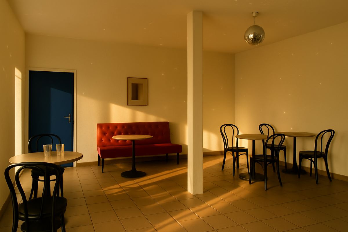 La salle du fond au soleil, la banquette rouge, les tables bistrot et la boule à facettes