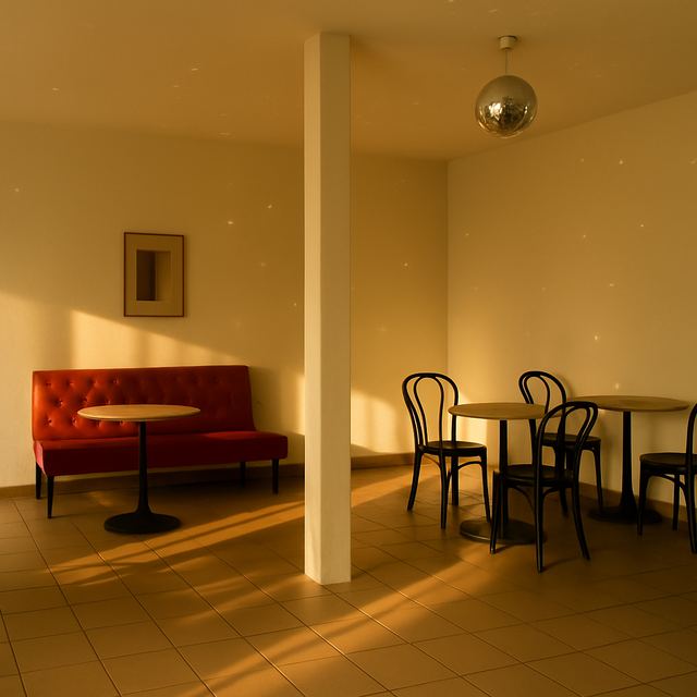 La salle du fond au soleil, la banquette rouge et la boule à facettes