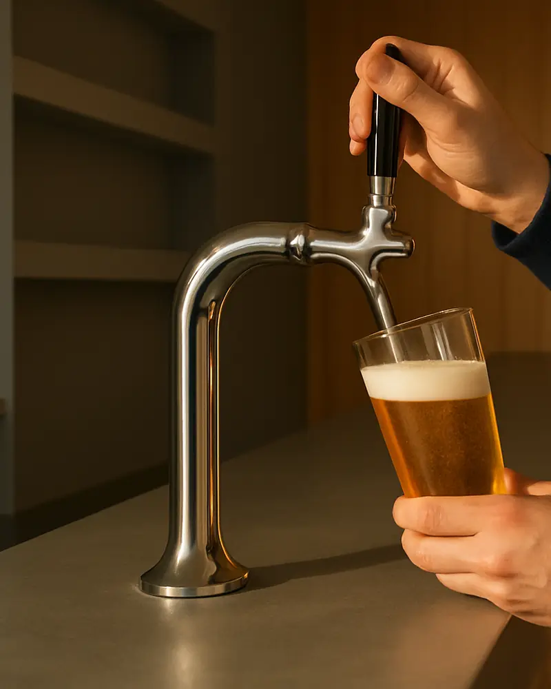 Une main tire une pression au robinet chromé, le verre penché sous la mousse