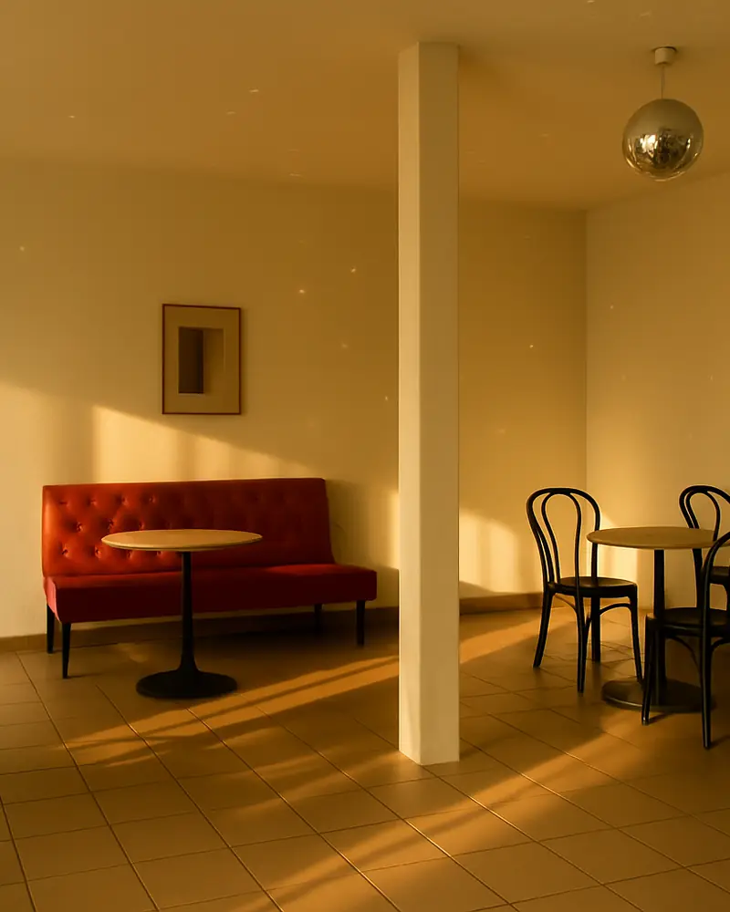 La salle du fond au soleil, la banquette rouge capitonnée, les chaises bistrot et la boule à facettes au plafond